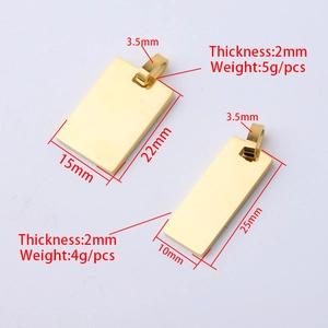 Polished gold stainless steel rectangular pendants with size and weight measurements