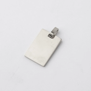 Close-up of polished stainless steel rectangular pendant with glossy mirror finish surface