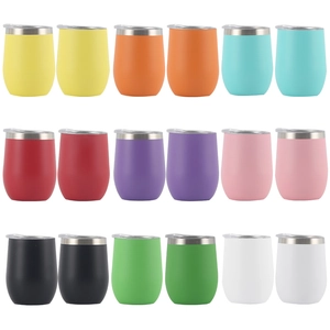 Array of 12oz stainless steel egg-shaped tumblers in diverse vibrant colors with clear lids