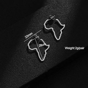 Detailed view of silver Africa map silhouette stud earrings with 23mm width measurements