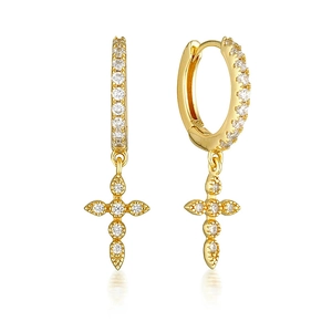 Elegant gold S925 sterling silver huggie earrings with sparkling cross charms