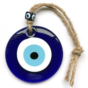 Turkish Blue Evil Eye glass hanging ornament with jute rope for wall home office decor
