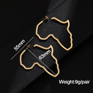 Detail view of gold Africa map earrings showing 63mm height and 55mm width dimensions
