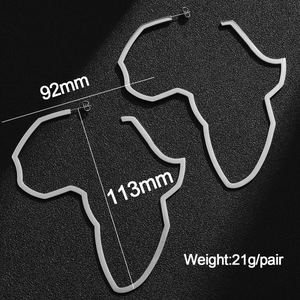 Detailed size view of large silver Africa map hoop earrings with measurements and weight