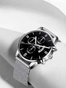 Montre à quartz classique pour homme avec cadran noir, bracelet en maille argentée et date