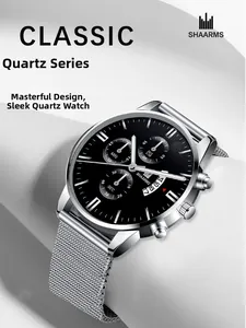 Detail of silver Milanese mesh strap and black dial on men's quartz chronograph watch