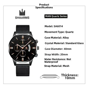 Detailed specifications of the SHAARMS SA6014 men's business watch with 40mm mesh strap