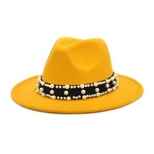 Yellow wool fedora hat for women with black ribbon and pearl accents in a classic style