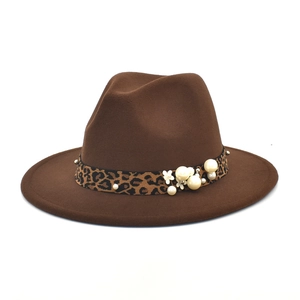 Wool Felt Fedora Hat With Leopard Ribbon Faux Artificial Pearl Flower Decoration Wide Brim Elegant Jazz Cap For Women Travel