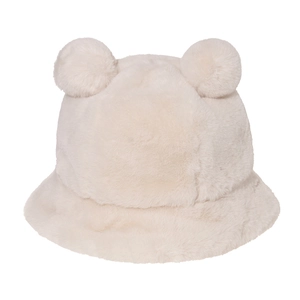 Cute beige plush faux fur bucket hat with bear ears, thick warm winter headwear for women