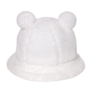 Detailed view of plush white bucket hat with cute bear ears and soft faux fur texture