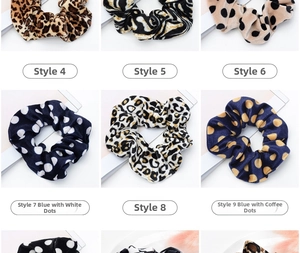 Detail showing various leopard, zebra, and polka dot patterns on soft velvet scrunchies