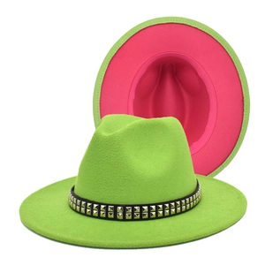 Neon green and pink two-tone fedora hat with punk style silver square metal rivets