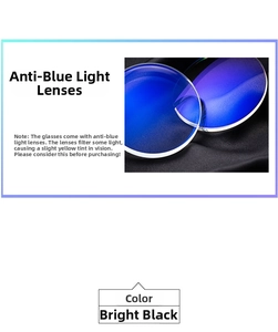 Detail view of large black frames with blue light blocking lenses for eye protection