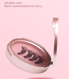 Close-up of rose gold magnetic eyelash storage case with four black lashes on pink background