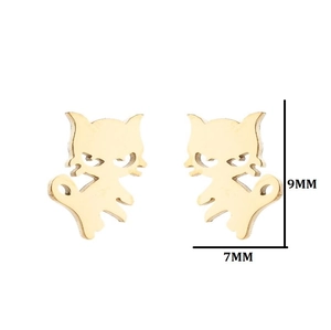 Cute gold stainless steel cat stud earrings for women with 9mm by 7mm size markings