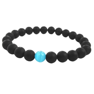 Matte black beaded stretch bracelet with blue cat eye stone center bead for unisex