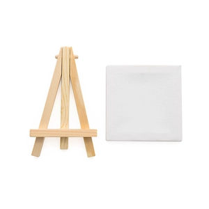 Detailed view of mini wooden A-frame easel and blank square canvas for DIY crafts