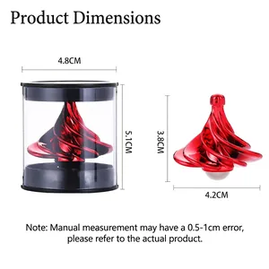 Wind-driven metallic red spinning top toy with size dimensions and transparent packaging