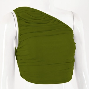 Detailed view of the army green one-shoulder sleeveless top with pleated texture details