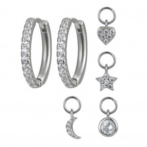 Detailed view of silver S925 earring set with heart, star and moon charms and cubic zirconia