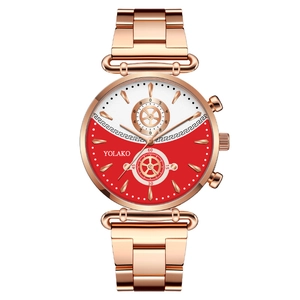 YOLAKO stylish women's watch in rose gold with two-tone red and white dial face