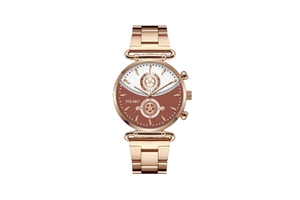 Detailed macro view of the rose gold steel band watch with a two-tone spliced dial