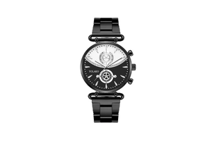 Detail of YOLAKO steel watch featuring black and white dial with geometric patterns