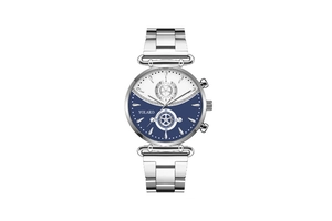 Detail of YOLAKO women's watch featuring a blue and white patterned dial and steel band