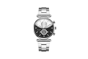 Detail of YOLAKO quartz watch showing the split black and white dial and steel band