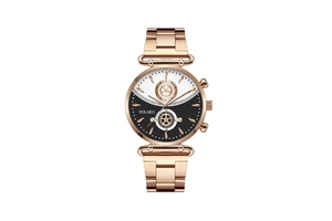 Detailed macro view of the YOLAKO watch with two-tone black and white dial in rose gold