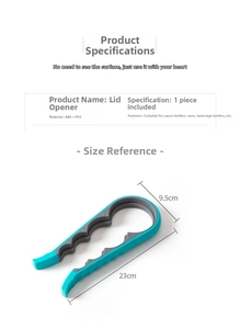 Detailed size chart of a 4-in-1 multifunctional bottle opener in blue and grey finish