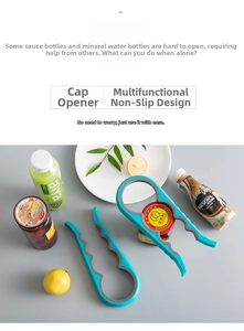 Detail of 4-in-1 multi-functional bottle opener with ergonomic blue handle and non-slip rings