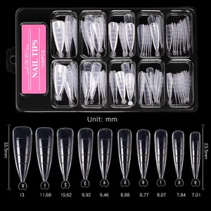 Size chart for 100pcs nail extension tips with scale marks and width from 7.01 to 13mm