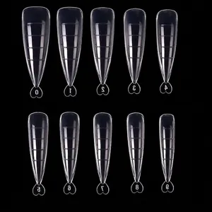 Transparent almond nail tips set of 100 pieces with detailed size scale and 10 sizes