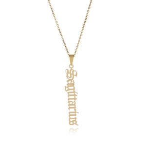 Vertical gold Sagittarius pendant necklace in Gothic font on a stainless steel chain