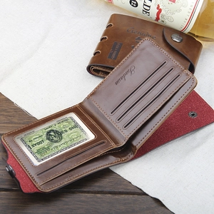 Brown trifold genuine leather men's wallet with snap button and multiple card slots