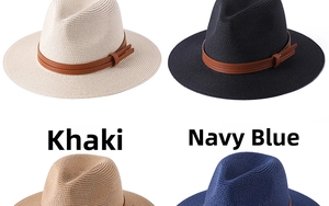 Detail view of woven straw sun hat textures and decorative leather bands in multiple colors