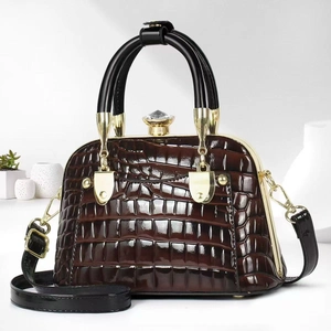 Dark brown crocodile embossed patent leather handbag with sparkling rhinestone lock