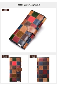 Détail d'un portefeuille long en cuir patchwork coloré avec coutures fines et bouton-pression