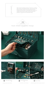 Three-layer dark green velvet jewelry box with metal lock and dedicated earring storage