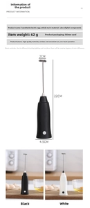 Detailed size specifications of wireless handheld milk frother with black and white options
