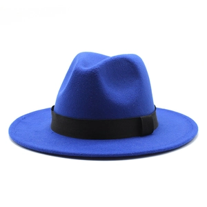 Detailed view of royal blue wool fedora hat with elegant black grosgrain ribbon band