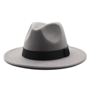 Detail of grey wool felt fedora hat featuring a black grosgrain ribbon for autumn winter