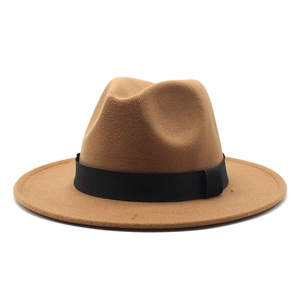Close-up of a camel wool fedora hat featuring a classic black ribbon trim on white background