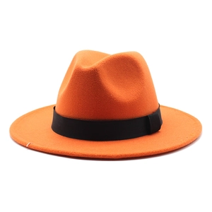 Orange wool felt Panama Fedora hat with a black grosgrain ribbon for autumn winter wear