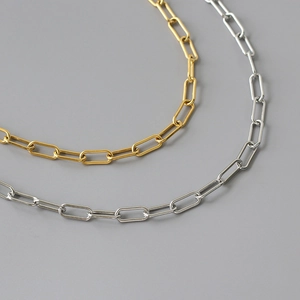 Minimalist thick chain link necklace in gold and silver finish with rectangle paperclip design