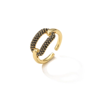 Chic open ring with gold plating and micro-pave black zircons in geometric design