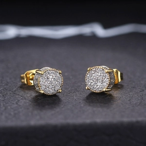Men's hip hop gold-plated round earrings with micro-paved white cubic zirconia stones