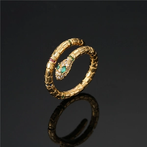 Creative Snake Shape Open Ring Copper Micro Set Colorful Zircon Gold Plated Adjustable Personality Jewelry For Women